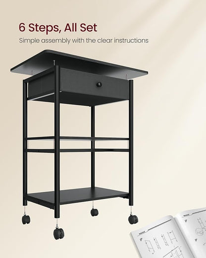 VASAGLE Printer Stand, Rolling Printer Cart, Under Desk Table, Mobile with Lockable Wheels, Steel Frame, for Home Office, 2 Storage Shelves Removable Drawer, 3-Tier, Ebony Black UOPS007BE01S