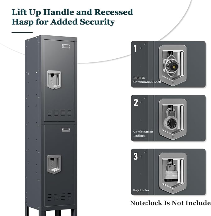 Metal Storage Locker with Lock & Card Slot Locker - Secure Lockable Door - Steel Locker for School, Office, Gym, Home - 66.15" H x 11.8" W x 11.8" D（2 Door, Grey）