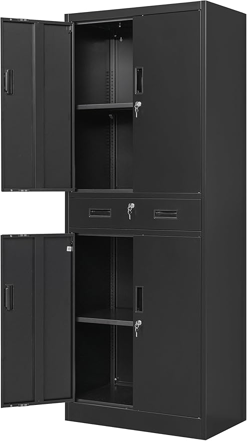 Metal Storage Cabinet, 71" H x 28" W x 16" D Locking Storage Cabinet with Adjustable Shelves and One Drawer, Steel Cabinet for Office, Garage, Home, School, Utility (Black)