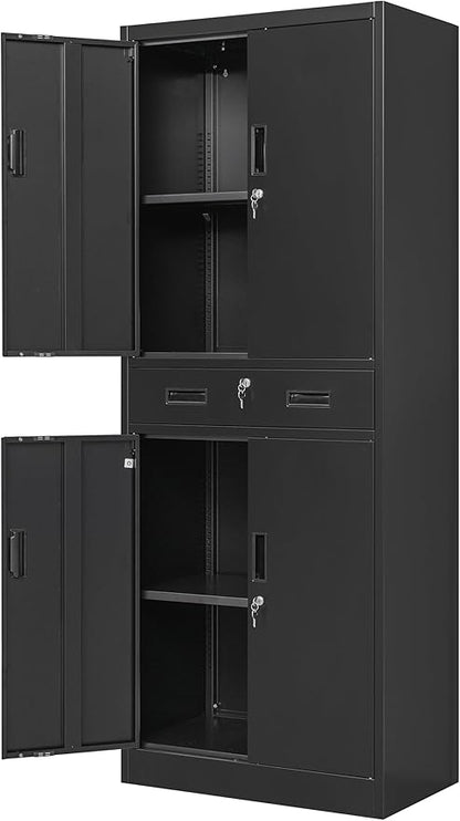 Metal Storage Cabinet, 71" H x 28" W x 16" D Locking Storage Cabinet with Adjustable Shelves and One Drawer, Steel Cabinet for Office, Garage, Home, School, Utility (Black)