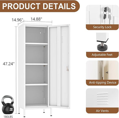 47.24" Metal Storage Locker with Lockable, Employees Metal Steel Locker with 1 Door ＆ 3 Adjustable Shelves, Small Locker Storage Cabinets for Home, School, Office, Gym (White)