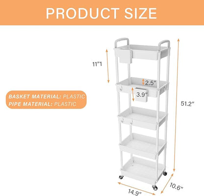 5 Tier Rolling Utility Cart with Handle,REBECAT Utility Cart Made of Multifunctional Storage Organizer Tool for Kitchen,Bathroom,Living Room,Office(White)