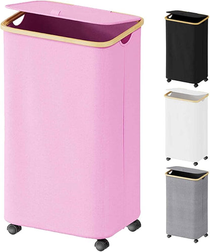 SUOCO Laundry Hamper on Wheels 100L, Clothes Basket with Lid and Bamboo Handles, Foldable Laundry Hamper for Bedroom, Bathroom, Dorm, Laundry Room - Pink