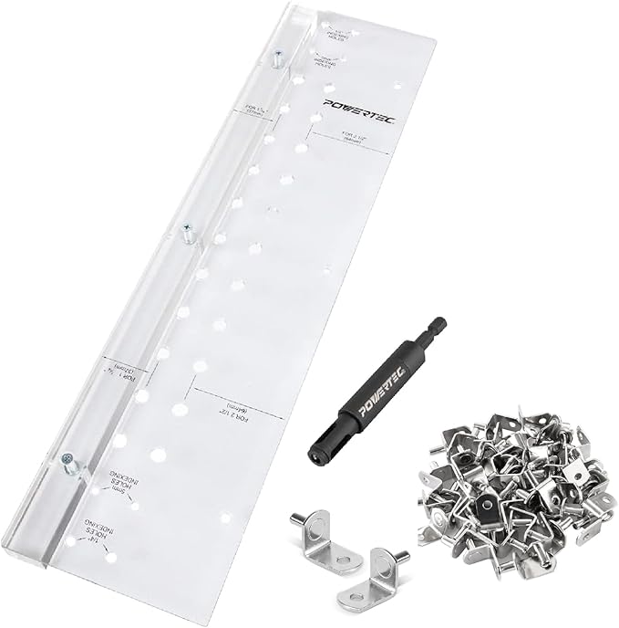 POWERTEC Shelf Pin Jig / 5mm Self Centering Drill Bit & 50pcs Shelf Pegs, 3/8" Holes Shelf Pin Drilling Jig and 5mm L-Shaped Bracket with Hole Shelf Pins Support Pegs for Shelves (72238)