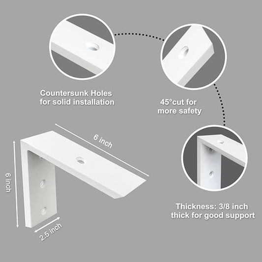 Heavy Duty 6 Inch White Granite Countertop Support Bracket 2 Pack - 6"x6"x2.5" Shelf L Bracket Mantel Corbels for Quartz, Granite, Wood, Concrete, Laminate Countertops