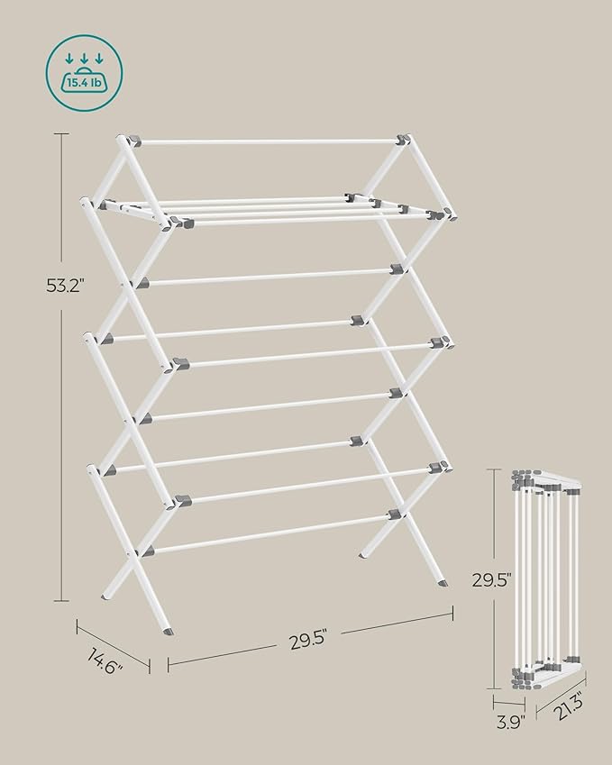 SONGMICS Foldable Clothes Drying Rack, Laundry Drying Rack, Clothes Airer, Steel Frame, 14.6 x 29.5 x 53.2 Inches, Easy Assembly, Indoor Outdoor Use, White ULLR770W01