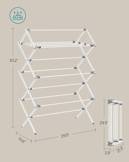 SONGMICS Foldable Clothes Drying Rack, Laundry Drying Rack, Clothes Airer, Steel Frame, 14.6 x 29.5 x 53.2 Inches, Easy Assembly, Indoor Outdoor Use, White ULLR770W01