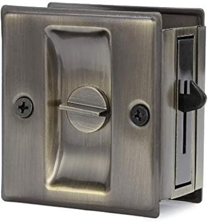HOMOTEK Privacy Sliding Door Lock with Pull - Replace Old Or Damaged Pocket Door Locks Hardware Quickly and Easily, 2-3/4”x2-1/2”, for 1-3/8” Thickness Door, Antique Brass