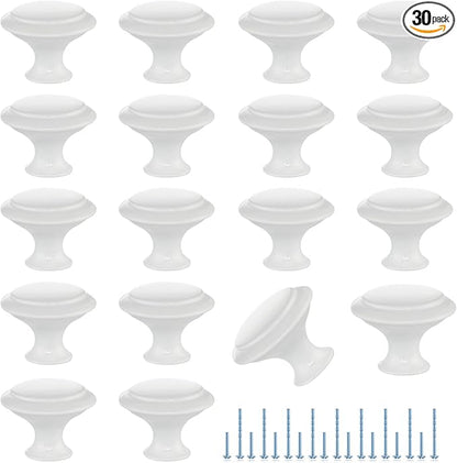 JOY DECOR 30 Pack White Cabinet Drawer Hardware 30mm Kitchen Cabinet Knobs Drawer Pulls with Installation Screws for Dressers Kitchens Cupboard