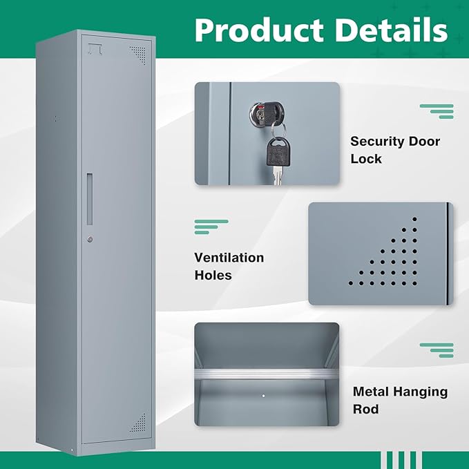 Letaya Metal Locker for Employees,71" Tall Steel Storage Cabinet with 1 Door Lock for School Office Gym Home Staff (1 Door -Gray)