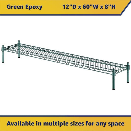 12" x 60" x 8" Green Epoxy Wire Storage Shelf, Dunnage Rack, Commercial 1 Tier Small Shelf