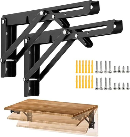Folding Shelf Brackets, 2 Pcs Matte Black Collapsible Stainless Steel Heavy Duty Brackets for Table Bench, Space Saving DIY Bracket with Screws, Max Load 330 lb (Black, 16 in)