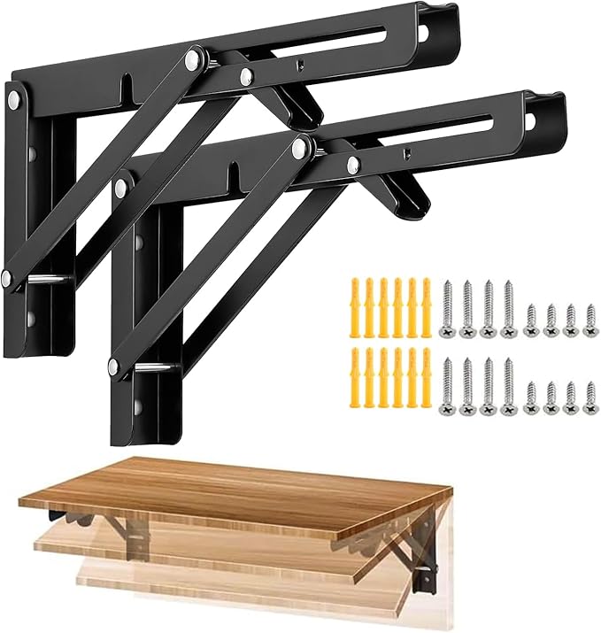 2 Pcs Folding Shelf Brackets, Matte Black Collapsible Stainless Steel Heavy Duty Brackets for Table Bench, Space Saving DIY Bracket with Screws, Max Load 330 lb (Black, 12 in)