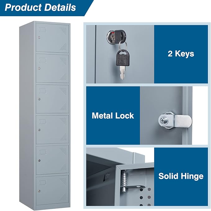 Metal Locker Cabinet with 6 Doors, 71" Storage for Employees, 6 Tier Steel Locker with Lock and Keys for School, Gym, Home, Office Staff (Grey)