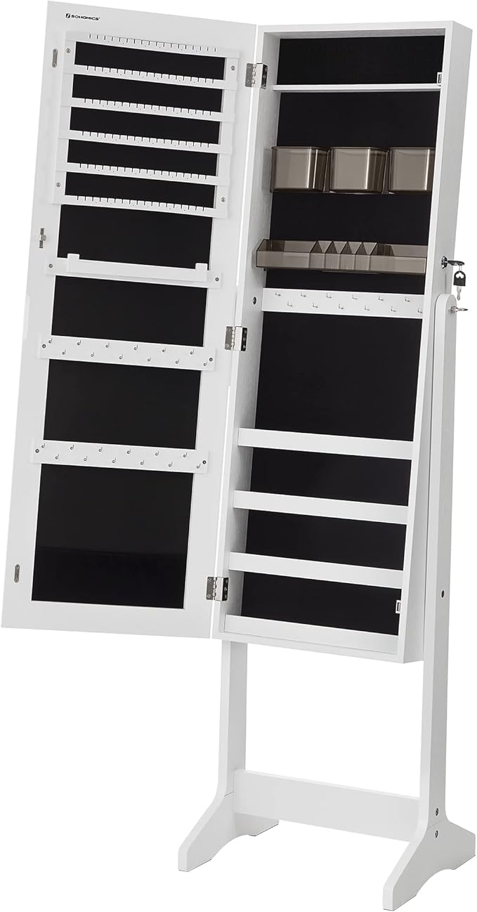 SONGMICS Jewelry Cabinet Armoire, Freestanding Lockable Storage Organizer Unit with 2 Plastic Cosmetic Storage, Full-Length Frameless Mirror, for Necklace Earring, White UJJC002W01