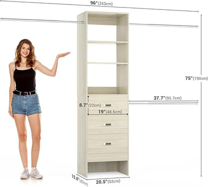 96'' Closet Organizer System with 3 Hanging Rods, 8FT Closet Organizers and Storage with 3 Wooden Drawers, Built in Closet Organizer Systems, Adjustable Walk-in Wardrobe from 2-8FT, White Oak