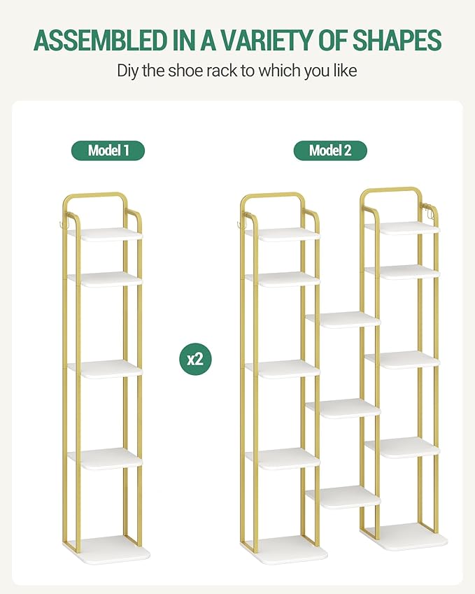 8 Tiers Vertical Shoe Rack, Narrow Shoe Tower, Tall Shoes Shelf with 2 Hooks, Adjustable Shelves, Corner Shoes Shelves for Small Spaces, Entryway, Living Room, White Gold SR04313A