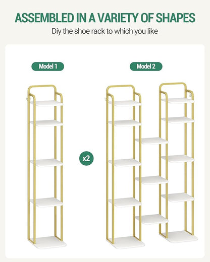 8 Tiers Vertical Shoe Rack, Narrow Shoe Tower, Tall Shoes Shelf with 2 Hooks, Adjustable Shelves, Corner Shoes Shelves for Small Spaces, Entryway, Living Room, White Gold SR04313A