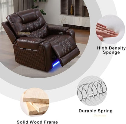 Living Room Sofa Set, Brown Breathing Leather Power Recliner Sofa Couches, Living Room Furniture Sets Power Recliner Chair with Cup Holder/LED Light/USB Port for Apartment, Office, Rv Car