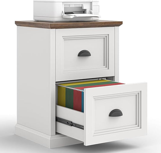 Vertical File Cabinet, Filing Cabinet with 2 File Drawers, Farmhouse Small File Cabinet Fits Letter/A4 Size, Wooden Printer Stand, Under Desk Cabinets for Home Office, White