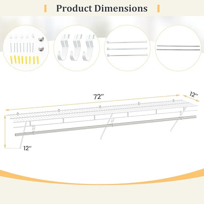 Giantex Closet Shelf with Hanging Rod, 6 ft Wall Mounted Wire Shelving Kit with Storage Shelf & Clothes Rod, Ventilated Metal Wall Shelf Organizer for Laundry Room, Closet, Bedroom, White