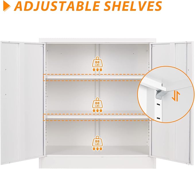 Metal Storage Cabinet, Lockable Steel Storage Cabinet with 2 Doors and Shelves, Metal Cabinet with Lock, Small Locking Cabinet for Home Office (White)