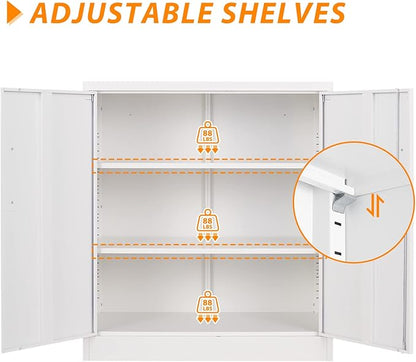 Metal Storage Cabinet, Lockable Steel Storage Cabinet with 2 Doors and Shelves, Metal Cabinet with Lock, Small Locking Cabinet for Home Office (White)