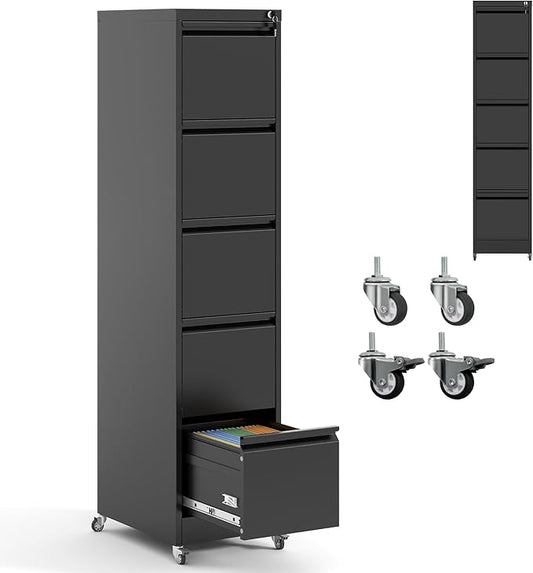 5 Drawer File Cabinet with Wheels,Metal Mobile Filing Cabinets with Lock,Black Vertical File Cabinet for Home Office,Heavy Duty Storage Cabinet for A4/Letter/Legal Size File,Assembly Required