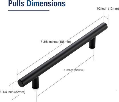 JOY DECOR 5 Pack 7-3/8 Inch Cabinet Pulls Kitchen Cabinet Handles with 5 Inch Hole Center Matte Black Cabinet Hardware Stainless Steel Kitchen Drawer Pulls for Cabinets Cupboard, 128mm Hole Centers