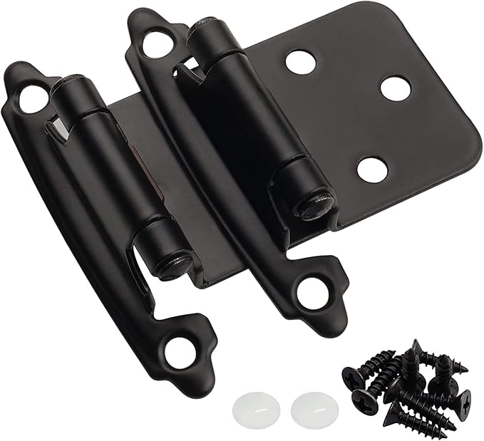 Decobasics 1/2" Overlay Matte Black Cabinet Hinges (1 Pair -2 Pcs) Self Closing Bath & Kitchen Cabinet Hinges Black Flush Mount w/Door Bumpers & Upgraded Screws
