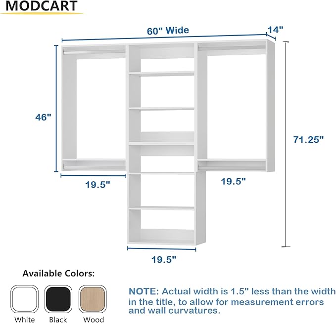Modular Closet System, 60" Wide Closet Organizer System with Hanging and Towers, Wood Tower Closet Storage for Walk In Closets, Wall Mounted Wardrobe Organizer Kit System, Bedroom, White