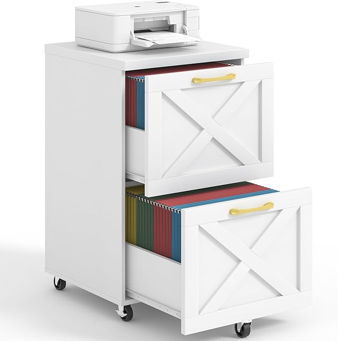 2 Drawer Small File Cabinet with Wheels, Farmhouse Vertical Filing Cabinet Fits A4/Letter Size, Under Desk Rolling File Cabinets for Home Office, Wooden Printer Stand, White