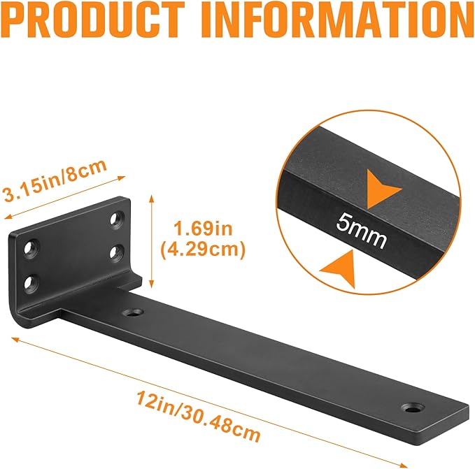 Floating Shelf Brackets 12 inch 4 Pack L Brackets for Shelves Black Metal Heavy Duty Shelf Bracket for DIY Decorative with Mounting Hardware