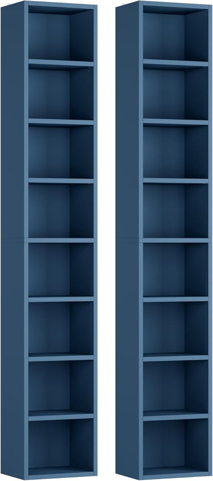 FOTOSOK 2 Pcs 71'' Tall Narrow Bookshelf, 8-Tier Media Tower Rack Set of 2, CD DVD Storage Cabinet with Adjustable Shelves, Tall Narrow Bookcase Skinny Display Bookshelf Slim Shelf, Blue