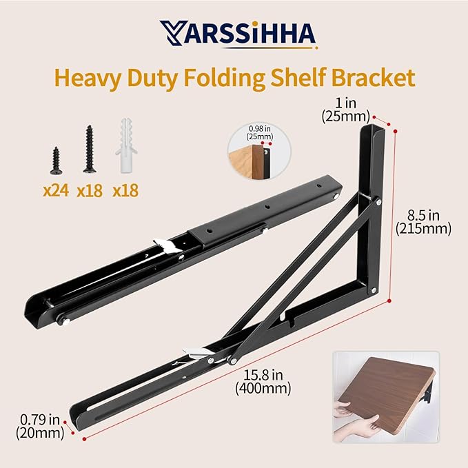 Yarssihha 16 Inch Folding Shelf Bracket, 6 Pack Heavy Duty Wall Mounted Foldable Brackets, Space-Saving Metal Collapsible Shelf Brackets, Max Load:180lbs