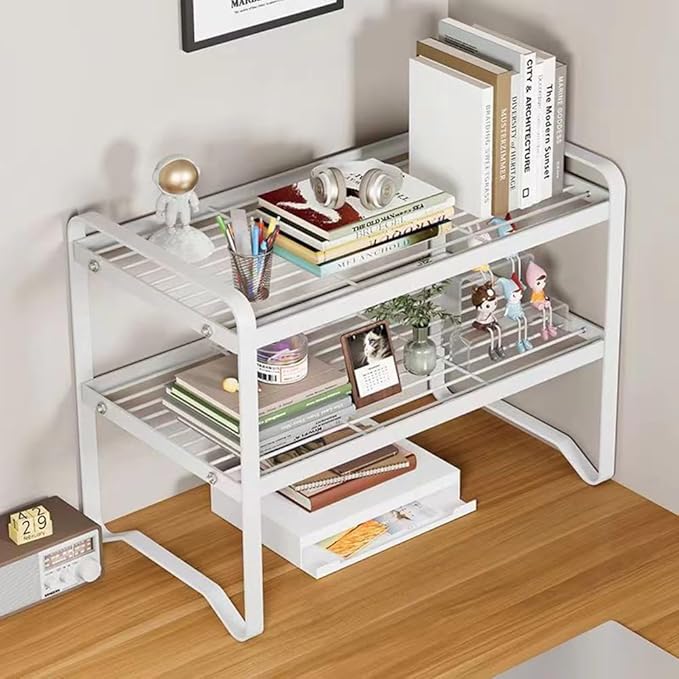 Hbluefat Metal Desktop Shelf Organizer, Small Desk Bookshelf for Home Office, Table Top Storage Shelf, Multipurpose Metal Desk Organizer for Books, Office Supplies, Home Decor (White, 2 Tier)