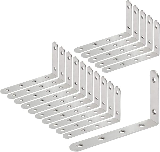 Luomorgo 16 Pcs L Shaped Brackets for Shelves - Heavy Duty Stainless Steel Decorative Corner Brace Joint Right Angle Wall Hanging Brackets with Screws, 5" x 3", Silver