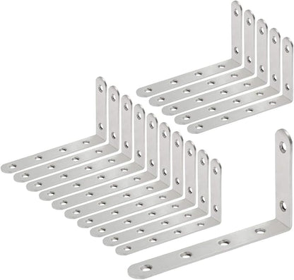 Luomorgo 16 Pcs L Shaped Brackets for Shelves - Heavy Duty Stainless Steel Decorative Corner Brace Joint Right Angle Wall Hanging Brackets with Screws, 5" x 3", Silver