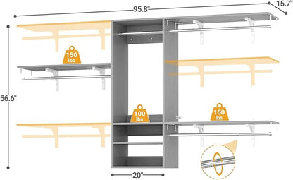 Cyclysio 96 Inch Closet System, 8 FT Hanging Closet Organizer System, Walk in Closet System with 4 Adjustable Rods and 3 Shelving Towers for 4-8FT Spaces(Cut-to-Fit), Gray