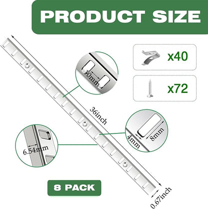 8 Pcs 36 Inch Shelf Pilaster with 40 Clips and 72 Screws, Adjustable Shelf Brackets Standard Mortise Mount Metal Shelves, Steel Wall Mounted Shelf Pilaster
