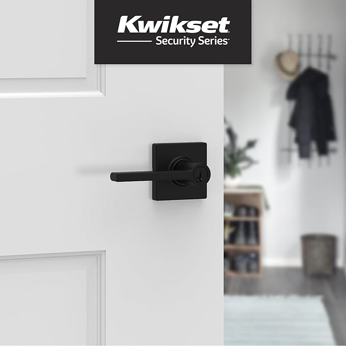 Kwikset Casey Entry Door Handle with Lock and Key, Secure Keyed Reversible Lever Exterior, for Front Entrance and Bedrooms, Matte Black, 4 Pack, Pick Resistant SmartKey Rekey Security and Microban