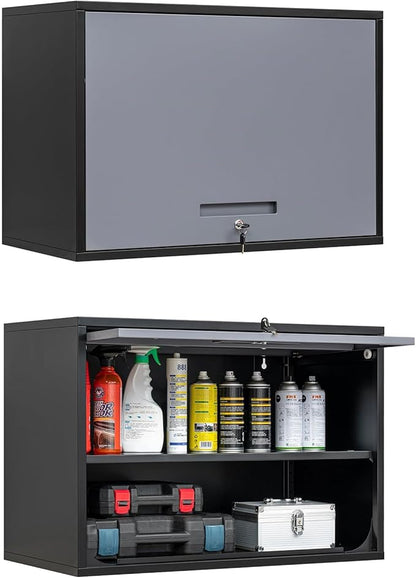 Metal Wall Cabinet with Locking Door and Shelf, Hanging Garage Cabinets with Up-Flip Doors for Garage, Warehouse, Home, Office, Assembly Required (Black Grey, One Cabinet)
