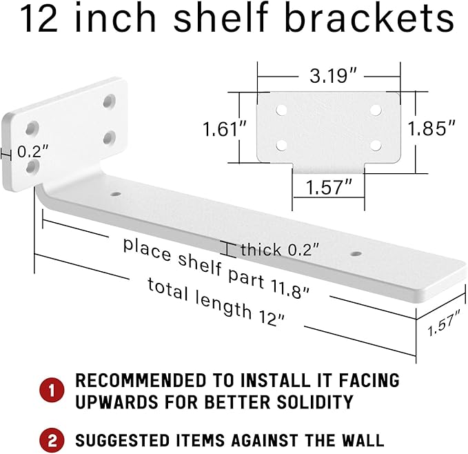 Goovilla Shelf Bracket, Heavy Duty Floating Shelf Brackets 12 inch Long, 6 Pack Brackets for Shelves, White Coated Metal Wall Shelf Support Brackets with 1/5 Inch Thick and 160 lb. Load Capacity