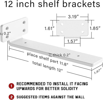 Goovilla Shelf Bracket, Heavy Duty Floating Shelf Brackets 12 inch Long, 6 Pack Brackets for Shelves, White Coated Metal Wall Shelf Support Brackets with 1/5 Inch Thick and 160 lb. Load Capacity