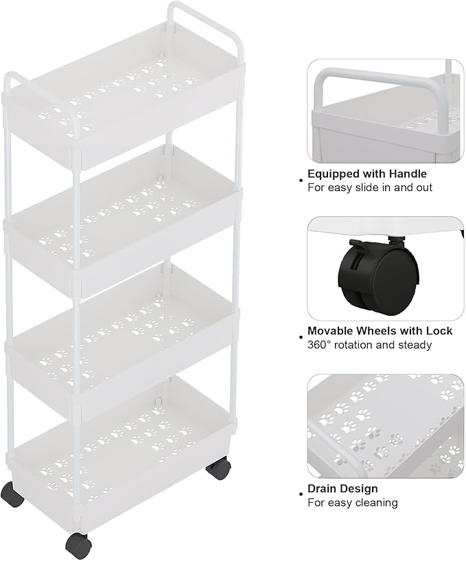 Buzowruil Rolling Storage Cart 4 Tier Organizer Mobile Shelving Unit Storage Rolling Utility Cart with Wheels for Kitchen Bathroom Laundry,White