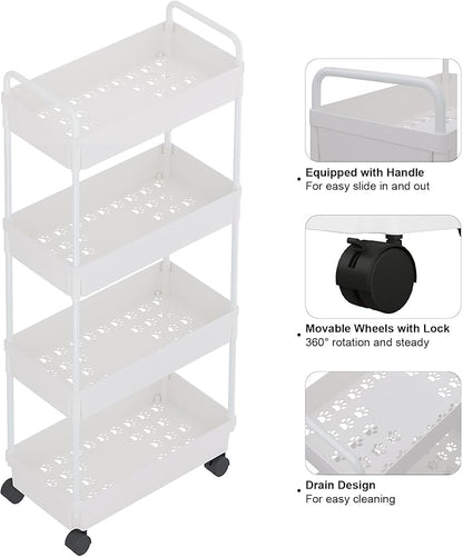 Buzowruil Rolling Storage Cart 4 Tier Organizer Mobile Shelving Unit Storage Rolling Utility Cart with Wheels for Kitchen Bathroom Laundry,White