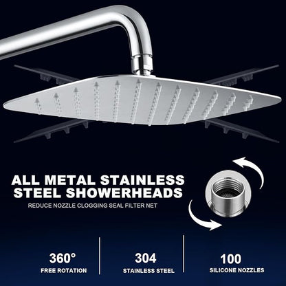SonTiy Rain Shower Head with Handheld Spray and Shower Shelf, All Metal Shower System Kit with Hand Shower, Height Adjustable Holder and Brass Diverter for Whole Family, 2.5GPM,Brushed Nickel
