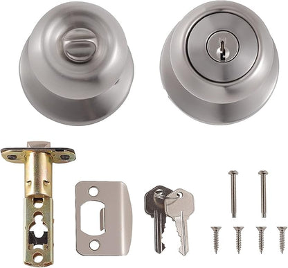 Amazon Basics Exterior Door Knob With Lock, Coastal, Easy to Install, 2 Keys, Satin Nickel