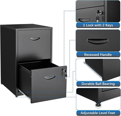 2 Drawer File Cabinet with Lock, Metal File Cabinets for Home Office, Two Drawer Locking Filing Cabinet, Small File Cabinet for Under Desk for Hanging Letter Size, Black, Assembly Required