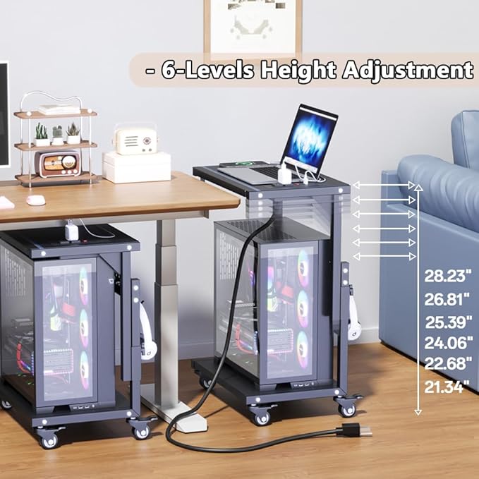 Computer Tower Stand with Power Outlet, 6 Level Height Ajustable PC Tower Stand for Floor, Mobile Rolling CPU Holder Cart for Gaming, Office, Home, 21.34"-28.3", Black